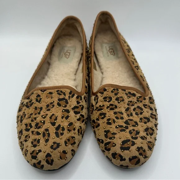 UGG Women's Leopard Print Tan Suede Slip-On Flats with Shearling - Picture 2 of 11